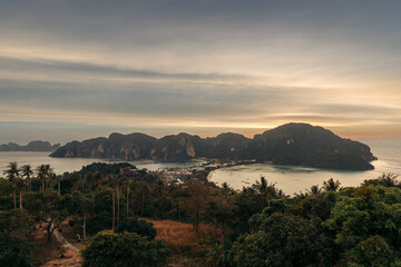 Panoramic view of Koh Phi Phi Don island from Viewpoint 2 at sunset