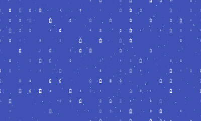 Seamless background pattern of evenly spaced white Christmas lanterns of different sizes and opacity. Vector illustration on indigo background with stars