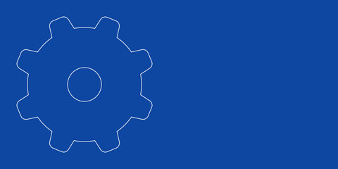A large white outline gear symbol on the left. Designed as thin white lines. Vector illustration on blue background
