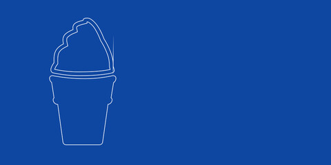 A large white outline ice cream symbol on the left. Designed as thin white lines. Vector illustration on blue background
