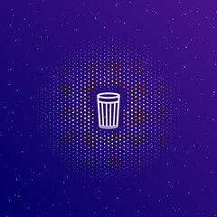 A large white contour glass symbol in the center, surrounded by small dots. Dots of different colors in the shape of a ball. Vector illustration on dark blue gradient background with stars