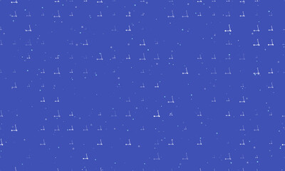 Seamless background pattern of evenly spaced white kick scooter symbols of different sizes and opacity. Vector illustration on indigo background with stars