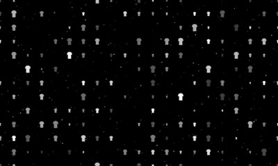 Seamless background pattern of evenly spaced white t-shirt symbols of different sizes and opacity. Vector illustration on black background with stars