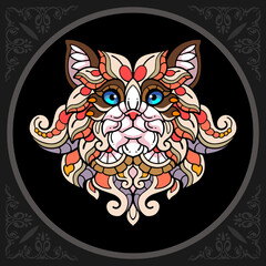Colorful siamese cat head zentangle arts. isolated on black background.