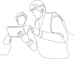 Close up of young Caucasian smiling worker with helmet on head using tablet for work while standing in warehouse. Vector illustration
