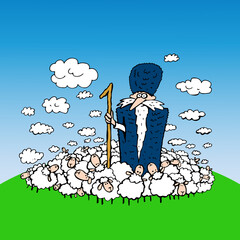 Crazy shepherd and flock of sheep that look like clouds on green hill