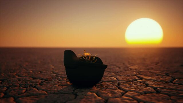 A small yellow flower sprouted in a ballistic helmet in the dry desert after the war. In the background, the setting orange big sun.