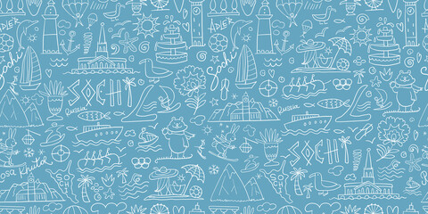 Travel to Sochi, Russian City on Black Sea. Tourism Concept. Seamless Pattern Background for your design