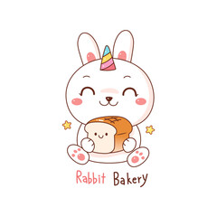 cute rabbit unicorn holding a bread for logo of bakery.