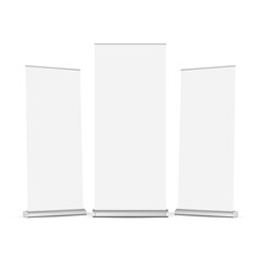 Roll Up Banners Mockups, Front and Side View, Isolated on White Background. Vector Illustration