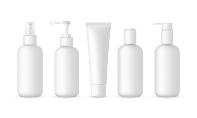 Blank Cosmetic Packaging Bottles Mockup: Tube, Spray, Pump Bottles. Vector Illustration