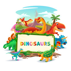 jurassic banner with dinosaurs cartoon  - 508833506