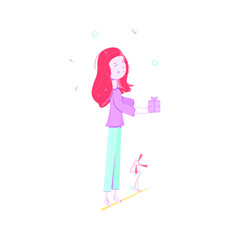 Vector colorful girl kid standing and holding a present decorated by some geometric shapes. Smiling red hair young woman with gift box standing nearby flower, plant.