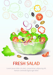 Fresh vegetable salad. Vegetables, healthy eating, dieting concept. A4 vector illustration for banner, poster, flyer.