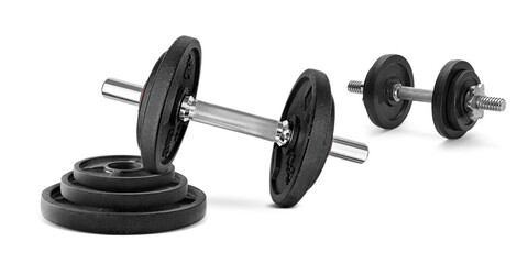 Obraz na płótnie Canvas black dumbbells and dumbbell discs for sports on a white background