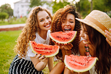 Attractive young women  eating watermelon In the park. People, lifestyle, travel, nature and vacations concept. Summer concept. - obrazy, fototapety, plakaty