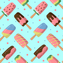 Pattern of ice cream on a wooden stick in a flat style. Vector image.