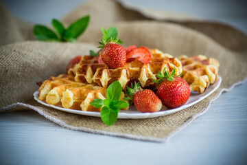 Sweet curd cooked waffles with fresh ripe strawberries