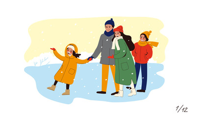 Family time. Parents and children on a winter walk. A set of vector illustrations of the family for a calendar.