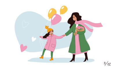 Family time. Family time, mother and daughter walking together. March 8 - happy womens day. A set of vector illustrations of the family for a calendar.