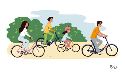 Family time. Summer bicycle ride. Healthy lifestyle. A set of vector illustrations of the family for a calendar.