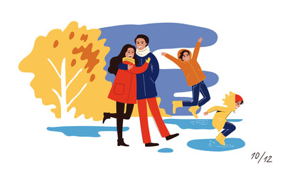 Family time. Parents and children walk in the park in autumn after the rain. A set of vector illustrations of the family for a calendar. 