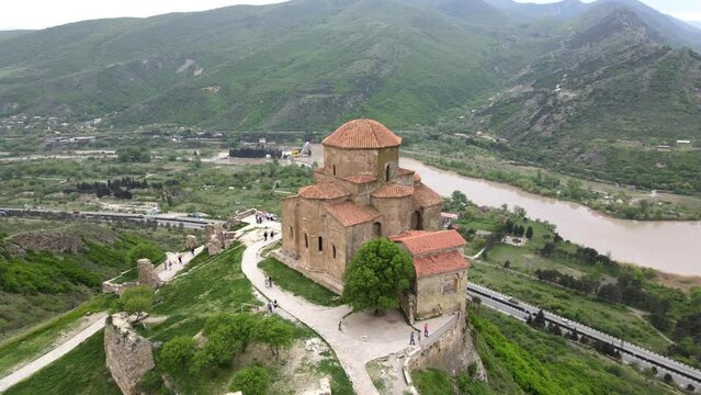 Camera drone flies around the Jvari Monastery, Georgia