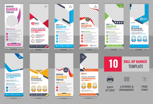 Design of vector white roll-up banners with round, square, diagonal and triangular design elements and a place for photo, 