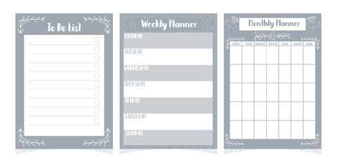 Set of planners template, checklist, daily schedule isolated on white background, printable collection with doodle decoration elements.