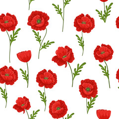 Vector seamless pattern with red poppies on a white background. Beautiful summer flowers. The print is well suited for textiles, Wallpaper and packaging. Vector illustration.