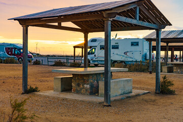 Fototapeta na wymiar Camper rv camping on rest area in Spain