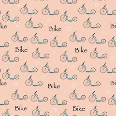 Seamless pattern with blue retro bike on pink background. Print with extreme sports bicycle for kids design, fabric, wallpapers, textile, nursing, paper, books, toys