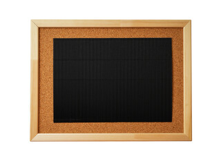 Cork note board with wooden frame with blank black corrugated cardboard sheet isolated on white background. Notice board with empty reminder note