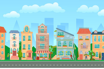 City street. Panoramic cityscape with bright houses, walking pedestrians. Shop and stores. Summer city. Vector illustration in cartoon style.