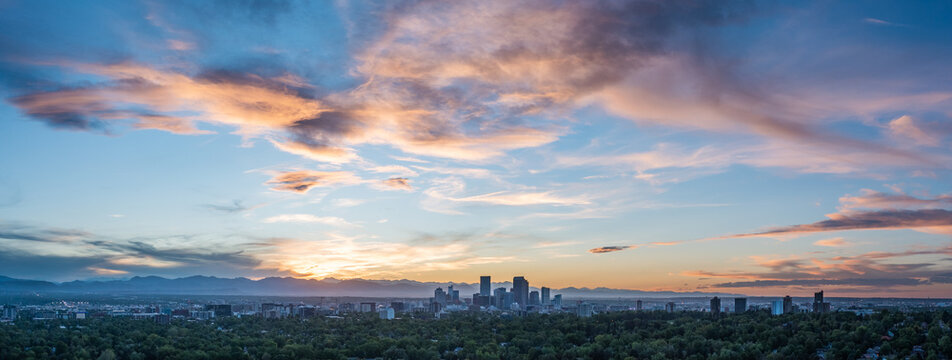 Aerial Panoramic Photo of downtown Denver Colorado skyline at Sunset