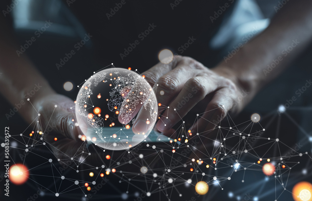 Wall mural digital technology, internet global network connection, data exchange concept. person touching on mo