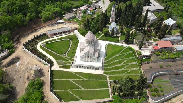Camera drone flies around the Monastery of St. Nino at Bodbe, Georgia