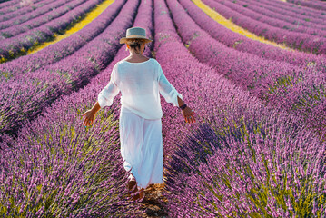 Woman with white clothes and hat walking in lavender violet field flowers. Female enjoy scenic...