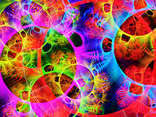 Composición de arte abstracto digital consistente en círculos coloridos en diferentes tamaños sobre fondo negro en un conjunto que forma un sistema de anillos múltiples entrelazados. © Pedroml