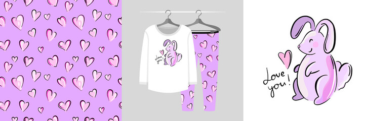 Seamless pattern and illustration set with bunny and Lov you text. Cute design pajamas on a hanger. Baby background for apparel, room decor, tee prints, baby shower, fabric design, wrapping