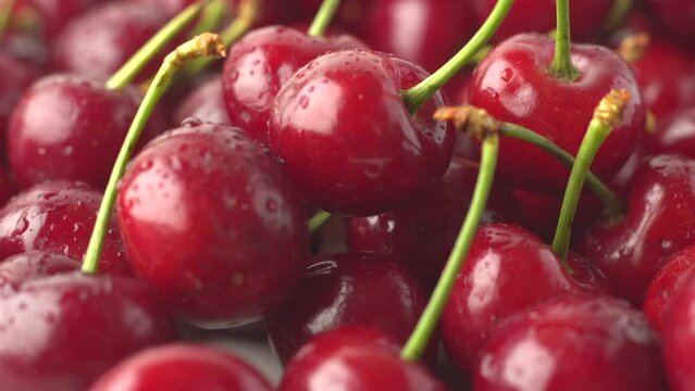 Close up 360 degree rotation of cherry fruit. Close up of cherries.