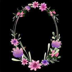 Luxury vertical oval flower frame on a black background with space for text. Vector illustration with hand drawn tulips, crocuses, gerberas.