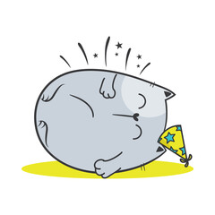 Fat cat birthday party. Doodle illusstration, cartoon vector.