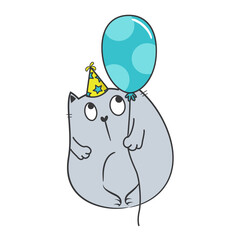 Fat cat birthday party. Doodle illusstration, cartoon vector.