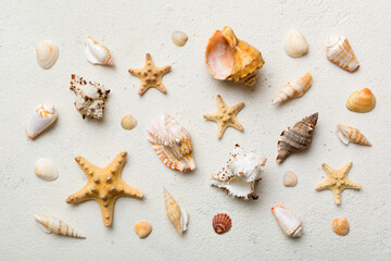 Summer time concept Flat lay composition with beautiful starfish and sea shells on colored table, top view