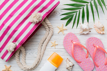 Summer vacation concept flat lay. beach accessories and towel top view. Space for text. travel concept