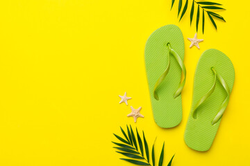Flat lay composition with flip flops and seashell on colored background. Space for text top view