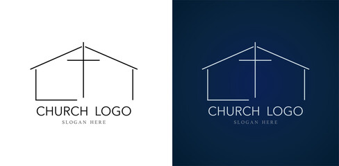 Church logo with cross and house design vector illustration isolated on white background. Modern logo template with christian church building line art. House of charity. Christian icon.