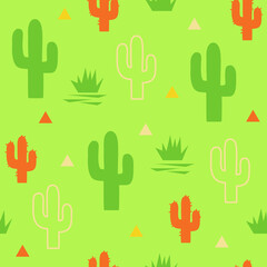 Cactuses seamless pattern. Vector cactuses and succulents in tender style colors background. 