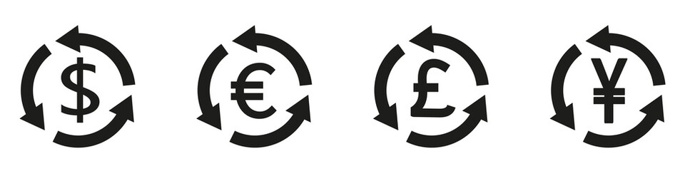 Money back vector icons set. Cashback, euro, dollar, yen, pound or yuan, exchange arrows. Vector illustration eps10